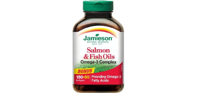 Jamieson Salmon & Fish Oils Omega-3 Complex, Bonus Size 150+50 Softgels - Providing Omega-3 Fatty Acids